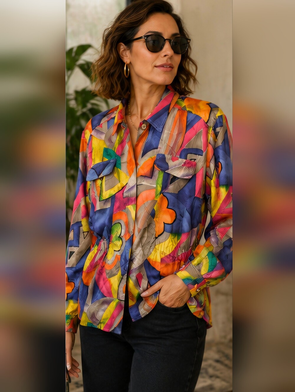 Vintage 80s Pat Argenti 100% Silk Abstract Art Print Jacket Blouse Sz S Chic